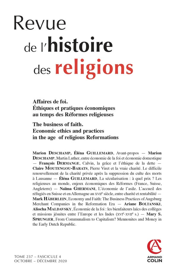Revue de l'histoire des religions n.237 : octobre-décembre 2020 ; affaires de foi. Ethiques et pratiques économiques au temps des Réformes religieuses