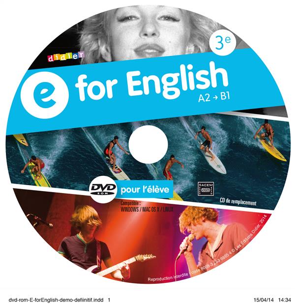 E for english : 3ème ; A2 -> B1 ; dvd-rom pour l'élève