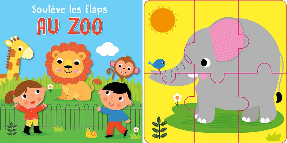 Coffret livre tout carton + flaps + 3 puzzles au zoo - flash vidéo