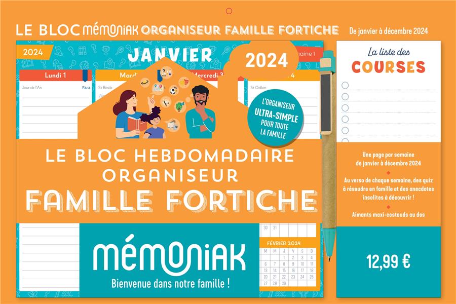Mémoniak : le bloc hebdomadaire organiseur famille fortiche : de janvier à décembre (édition 2024) - flash vidéo