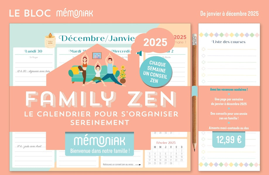Mémoniak : Le bloc hebdomadaire organiseur Family zen : De janvier à décembre (édition 2025)