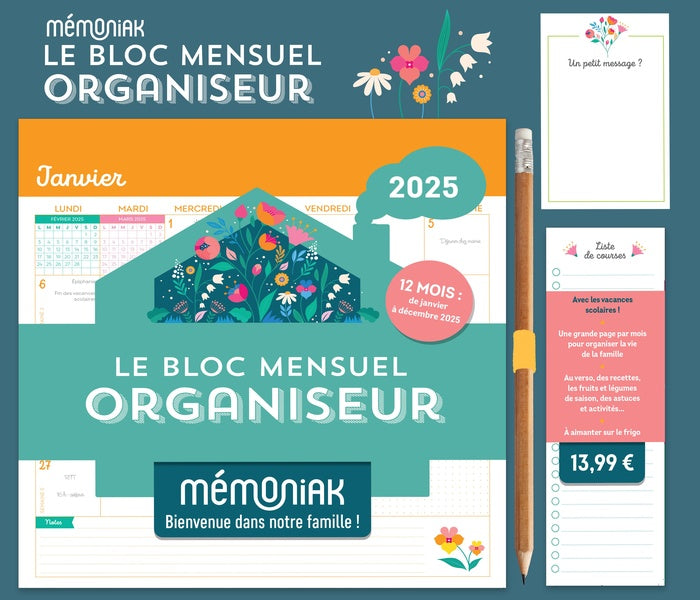 Mémoniak : Le bloc mensuel organiseur floral : de janvier à décembre (édition 2025)