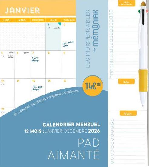 Calendrier mensuel Pad aimanté avec stylo 4 couleurs  janvier-décembre (édition 2026)