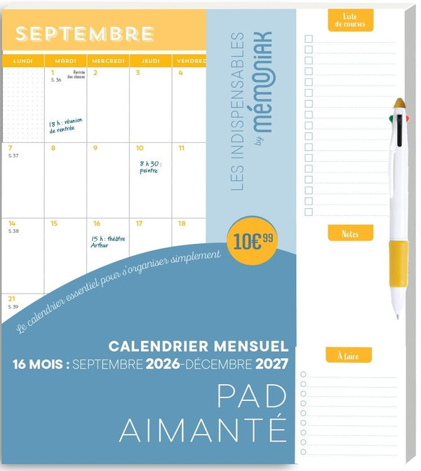 Pad aimanté mensuel avec stylo 4 couleurs : Calendrier mensuel janvier-décembre (édition 2027)