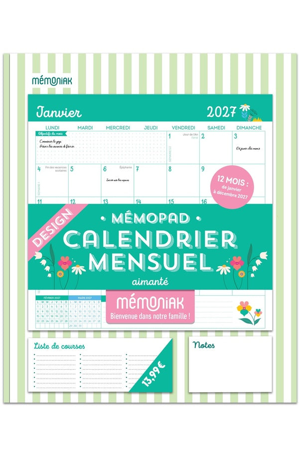 Mémopad calendrier mensuel aimanté : Design janvier : décembre 12 mois (édition 2027)