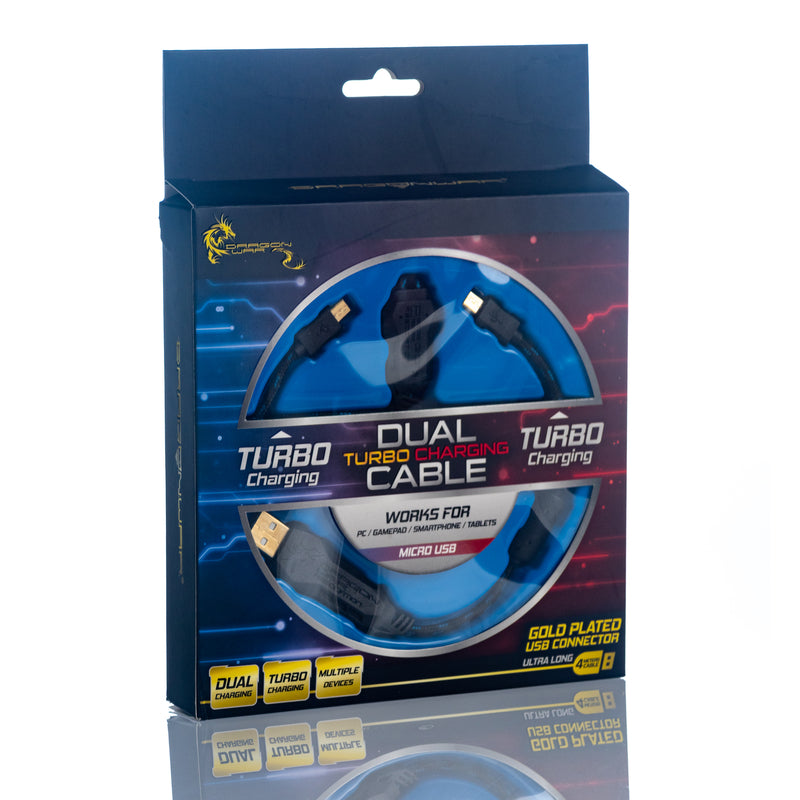 Dragonwar Dual Turbo Charging Cable - Charge 2 appareils, Micro USD, USB Plaqué OR, 4m pour PC, manettes, smartphones, tablettes et autres