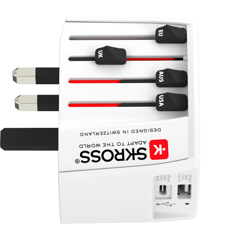 Skross - World Travel Adapter 2-pole + 1 USB Charger + 1 Type C 2400 mA White