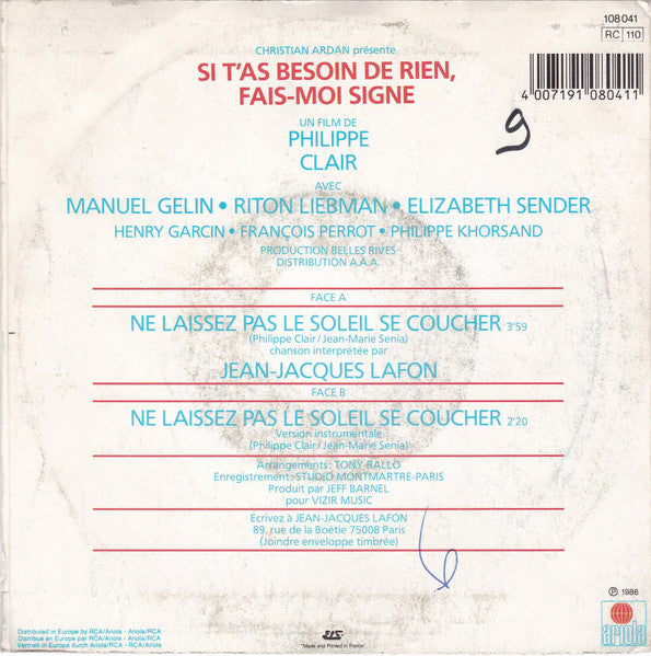 (Occasion) Jean-Jacques Lafon – Ne Laissez Pas Le Soleil Se Coucher (Bande Originale Du Film Si T'as Besoin De Rien Fais-moi Signe) [Vinyle 45 Tours]