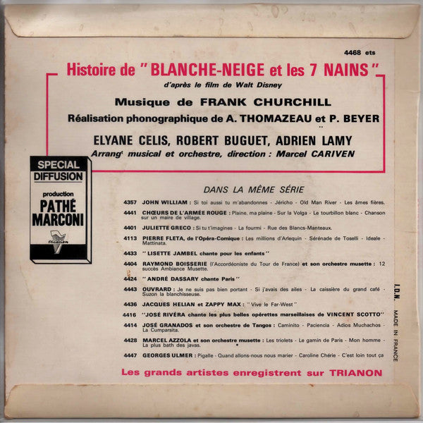 (Occasion) Elyane Célis, Robert Buguet, Adrien Lamy, L'Orchestre Marcel Cariven – Histoire de " Blanche-Neige Et Les 7 Nains " [Vinyle 45 Tours]