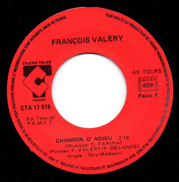 (Occasion) François Valéry – Chanson D'adieu [Vinyle 45Tours]