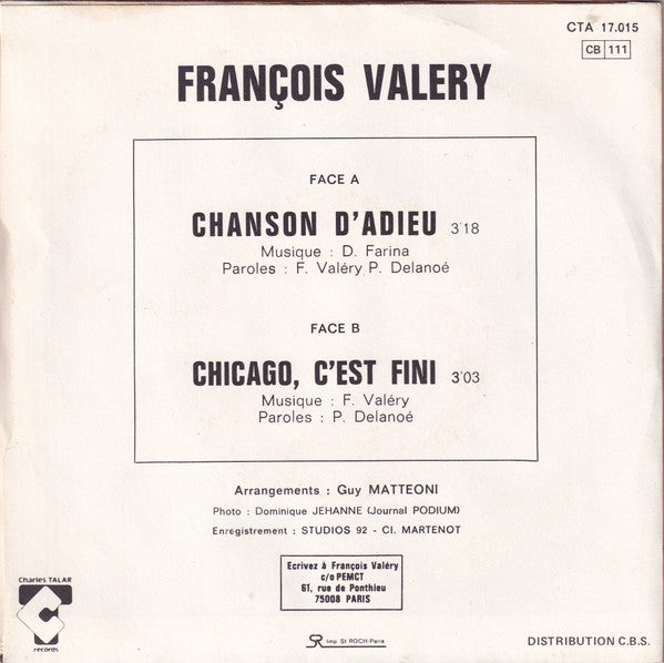 (Occasion) François Valéry – Chanson D'adieu [Vinyle 45Tours]