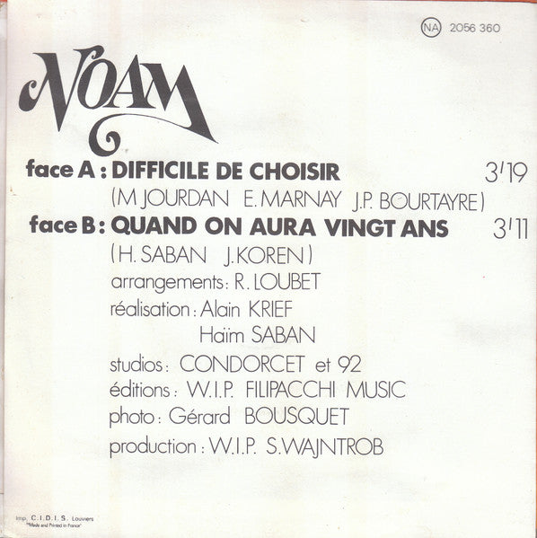 (Occasion ) Noam – Difficile De Choisir [Vinyle 45 Tours]