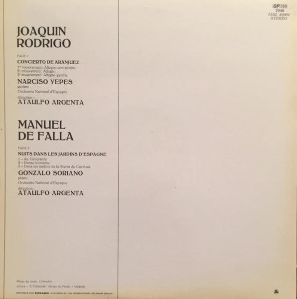 (Occasion) Rodrigo / De Falla – Concierto de Aranjuez / Nuits dans les Jardins d’Espagne Interprètes : Narciso Yepes (guitare), Gonzalo Soriano (piano) Orchestre National d’Espagne – dir. Ataulfo Argenta [Vinyle 33 Tours]