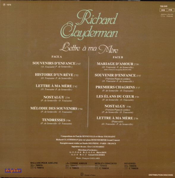 (Occasion) Richard Clayderman Lettre À Ma Mère [Vinyle 33Tours]