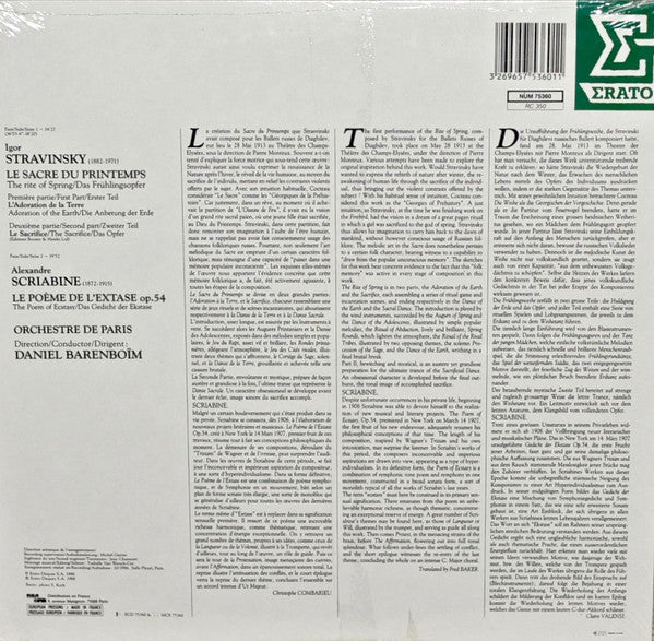 Stravinsky / Scriabine – Daniel Barenboim, Orchestre De Paris – Le Sacre Du Printemps / Le Poeme De L'Extase [Vinyle 33 Tours]