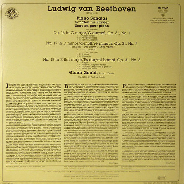 (Occasion ) Beethoven Glenn Gould Piano Sonatas, Op. 31 No. 16 / No. 17 Tempest Der Sturm La Tempête / No. 18 [Vinyle 33 Tours]