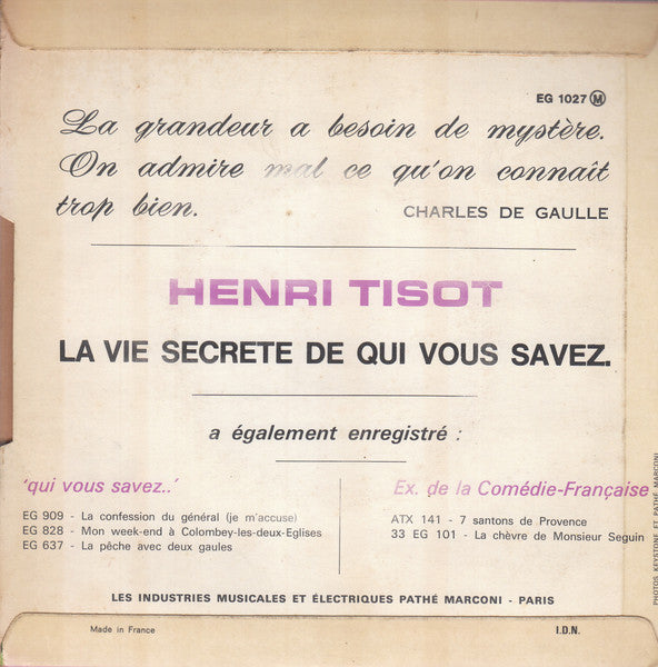 (Occasion) Henri Tisot La Vie Secrète De Qui Vous Savez [Vinyle 45 Tours]