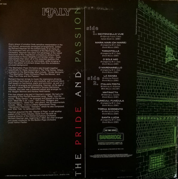 (occasion) Richard Hayman, The Manhattan Pops Orchestra – Italy, The Pride & Passion [Vinyle 33 Tours]