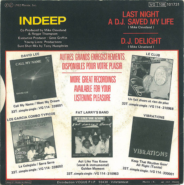 (Occasion ) Indeep – Last Night A D.J. Saved My Life [Vinyle 45 Tours]