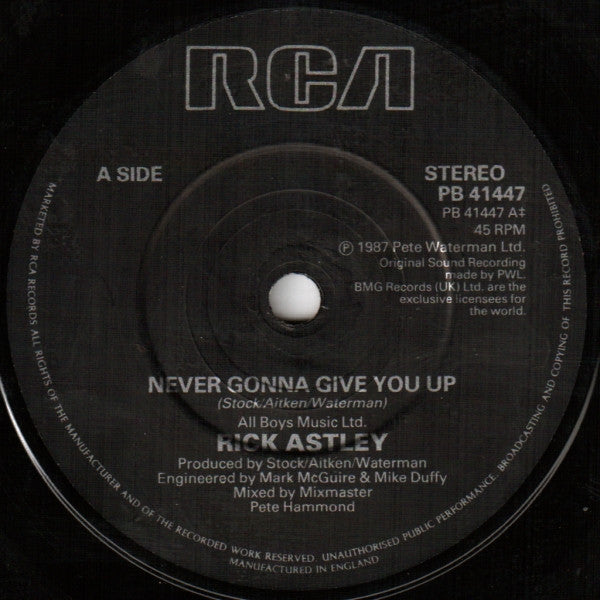 (Occasion) Rick Astley –Je ne t'abandonnerai jamais [Vinyle 45 Tours]