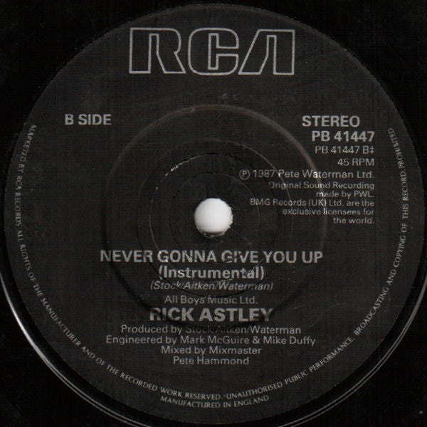 (Occasion) Rick Astley –Je ne t'abandonnerai jamais [Vinyle 45 Tours]