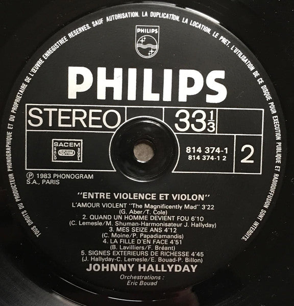 (Occasion) Johnny Hallyday – Entre Violence Et Violon [Vinyle 33 Tours]