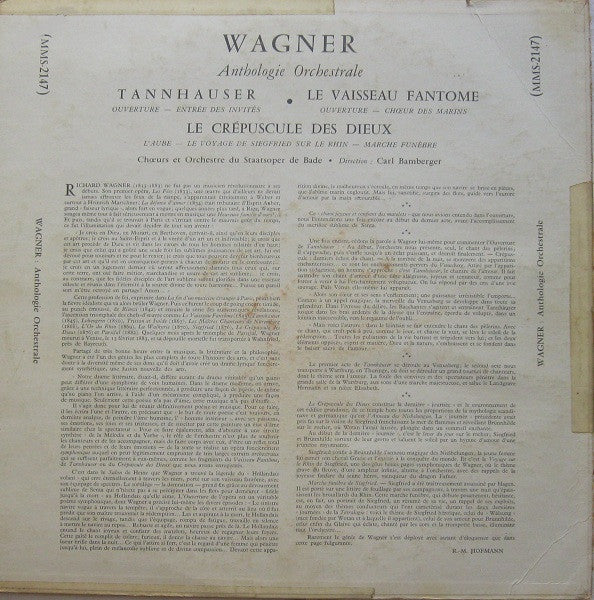 (occasion) Wagner / Chor Und Orchester Der Badischen Staatsoper, Carl Bamberger – Chöre Und Orchestermusik Aus Götterdämmerung, Der Fliegende Holländer, Tannhäuser [Vinyle 33 Tours]