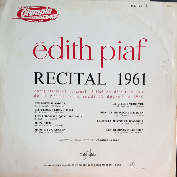 (Occasion) Edith Piaf – Récital 1961 [Vinyle 33 Tours]
