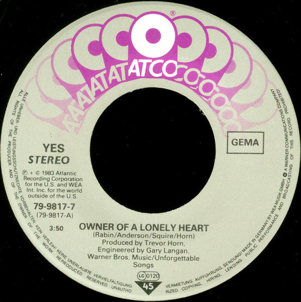 (Occasion) Yes – Owner Of A Lonely Heart  [Vinyle 45 Tours]