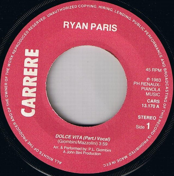 (Occasion) Ryan Paris – Dolce Vita [Vinyle 45 Tours]