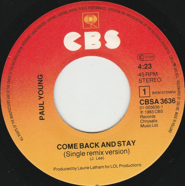 (Occasion) Paul Young Come Back And Stay (Single Remix Version) [Vinyle 45 Tours]