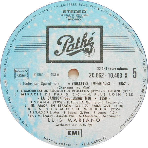 (occasion) Luis Mariano – Toutes Ses Opérettes N°3 [Vinyle 33 Tours]
