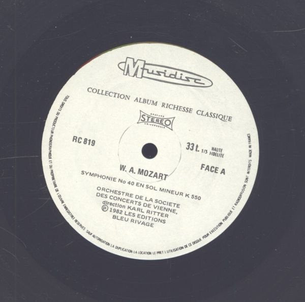 (occasion) W.A. Mozart, Orchestre De La Société Des Concerts De Vienne Dirigé Par Karl Ritter – Symphonie No 40 En Sol Mineur K 550 - Symphonie No 41 En Do Majeur K 551 "Jupiter" [Vinyle 33 Tours]