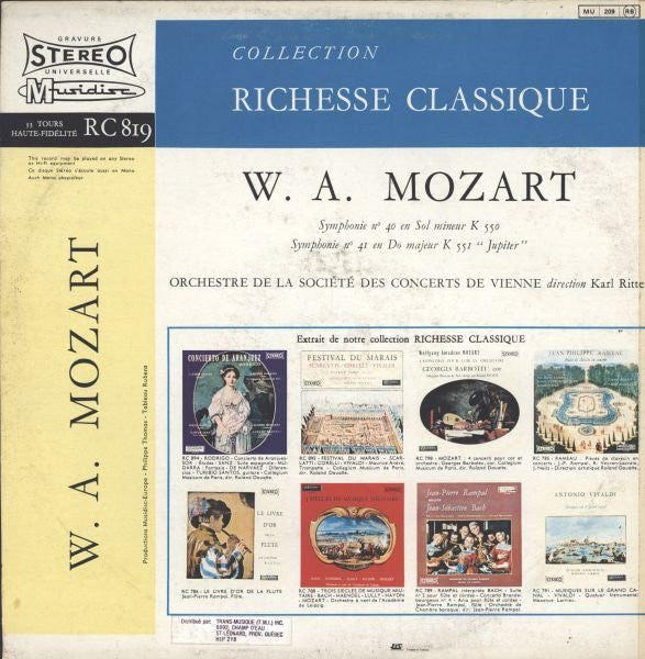 (occasion) W.A. Mozart, Orchestre De La Société Des Concerts De Vienne Dirigé Par Karl Ritter – Symphonie No 40 En Sol Mineur K 550 - Symphonie No 41 En Do Majeur K 551 "Jupiter" [Vinyle 33 Tours]