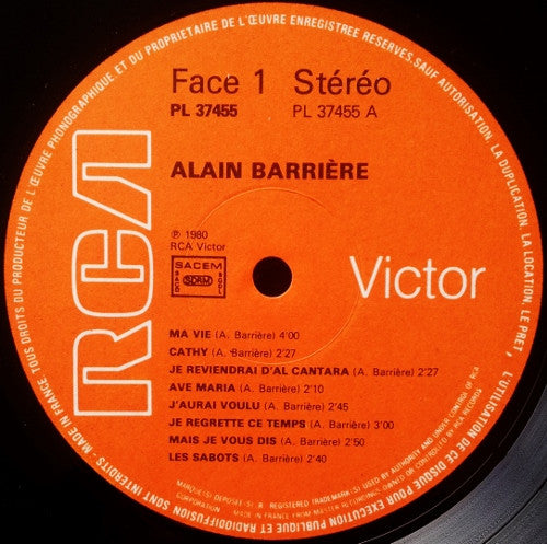 (occasion) Alain Barrière – Ma Vie [Vinyle 33 Tours]