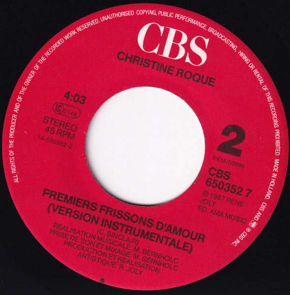 (Occasion) Christine Roque –Premiers Frissons D'amour [Vinyle 45 Tours]