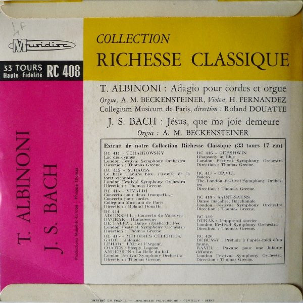 (Occasion) T. Albinoni / J. S. Bach - Collegium Musicum De Paris, Roland Douatte – L'Adagio / Jésus, Que Ma Joie Demeure [Vinyle 45Tours]