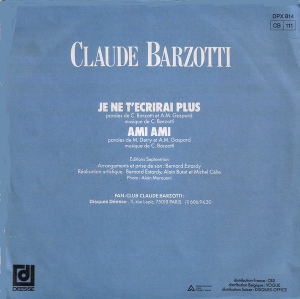 (Occasion) Claude Barzotti – Je Ne T'ecrirai Plus [Vinyle 45 Tours]
