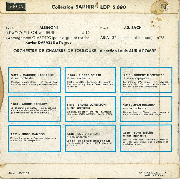 (Occasion) Albinoni / Bach - Xavier Darasse, Orchestre De Chambre De Toulouse Sous La Direction De Louis Auriacombe – Adagio / Aria [Vinyle 45Tours]