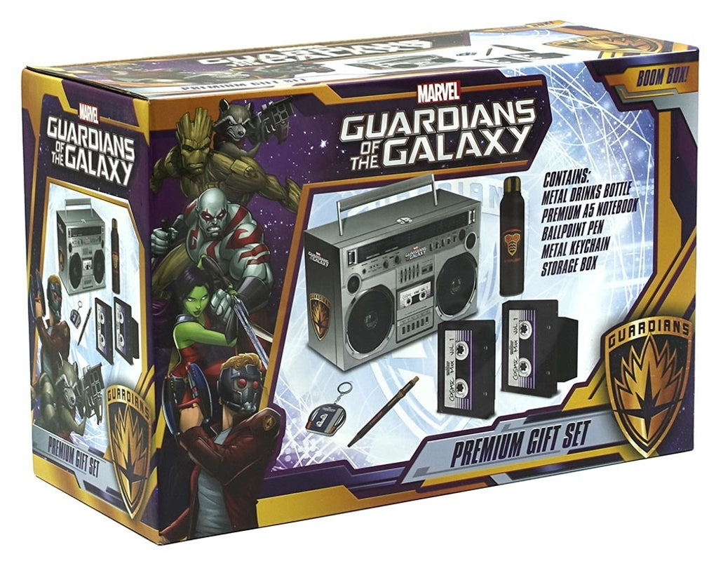 Les Gardiens de la Galaxie - Coffret cadeau (Starlords Boom Box) : stylo à bille, bouteille en métal, cahier et porte-clés