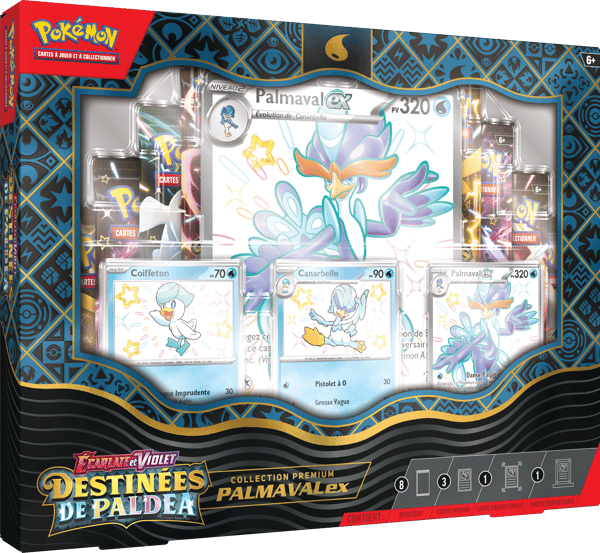 Pokémon JCC - Écarlate et Violet - Collection Premium Destinées de Paldea (Miascarade-ex / Flâmigator-ex / Palmaval-ex - 1x Boite aléatoire) - flash vidéo