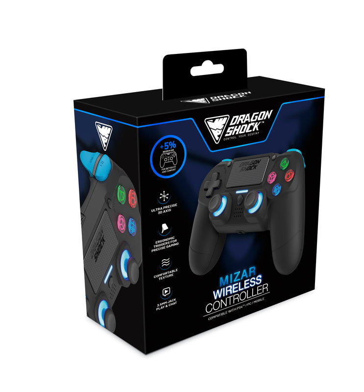 DragonShock - Manette sans fil Bluetooth MIZAR Noire pour PS4, PC et Mobile