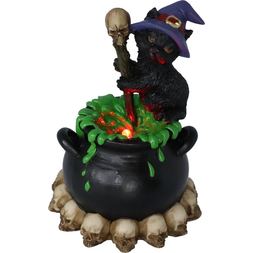 Spook - Figurine de chat noir familier de sorcières et chaudron bouillonnant 12cm