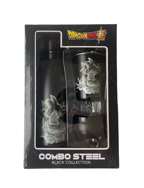 Dragon Ball Super - Coffret cadeau (Goku Ultra Instinct) : bouteille d'eau en métal isotherme 500ml, verre et dessous de verre