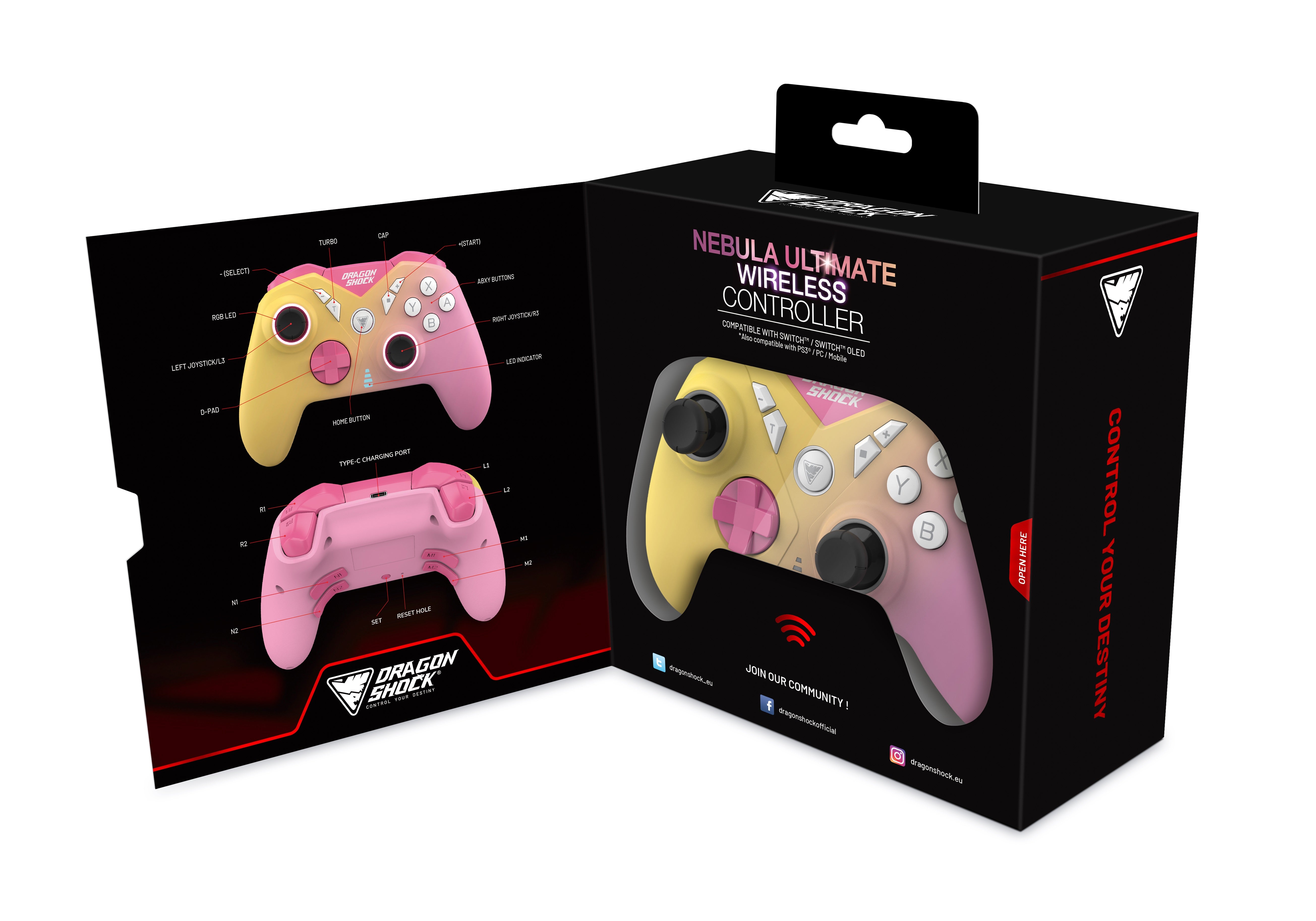 DragonShock - NEBULA ULTIMATE - Manette sans fil Pro Rose pour Nintendo Switch, Switch Lite, Switch OLED, PS3, PC et Android - flash vidéo