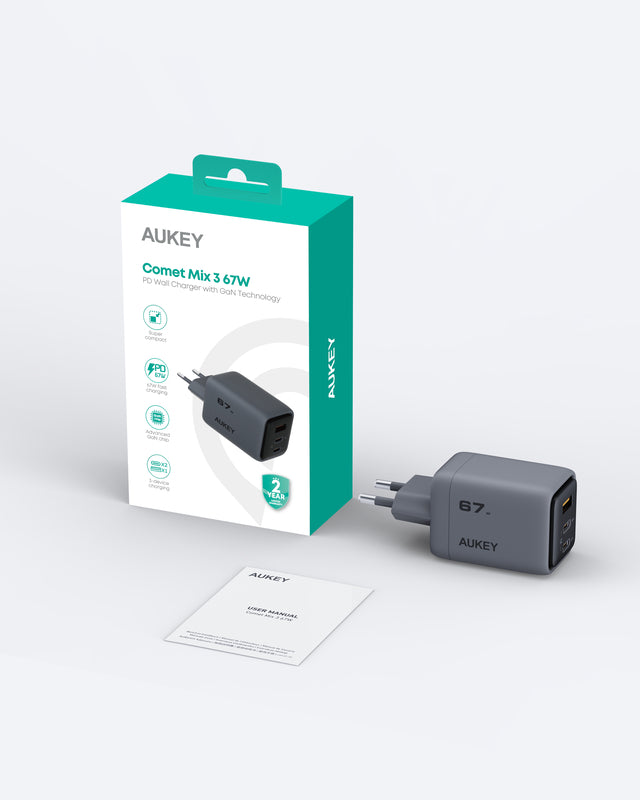 Aukey - Chargeur mural Comet Mix 67W GaN PD 3-Port Gris
