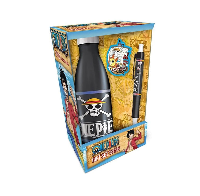 One Piece - Coffret cadeau Bouteille d'eau en métal + Aimant + Stylo "Emblème Drapeau"