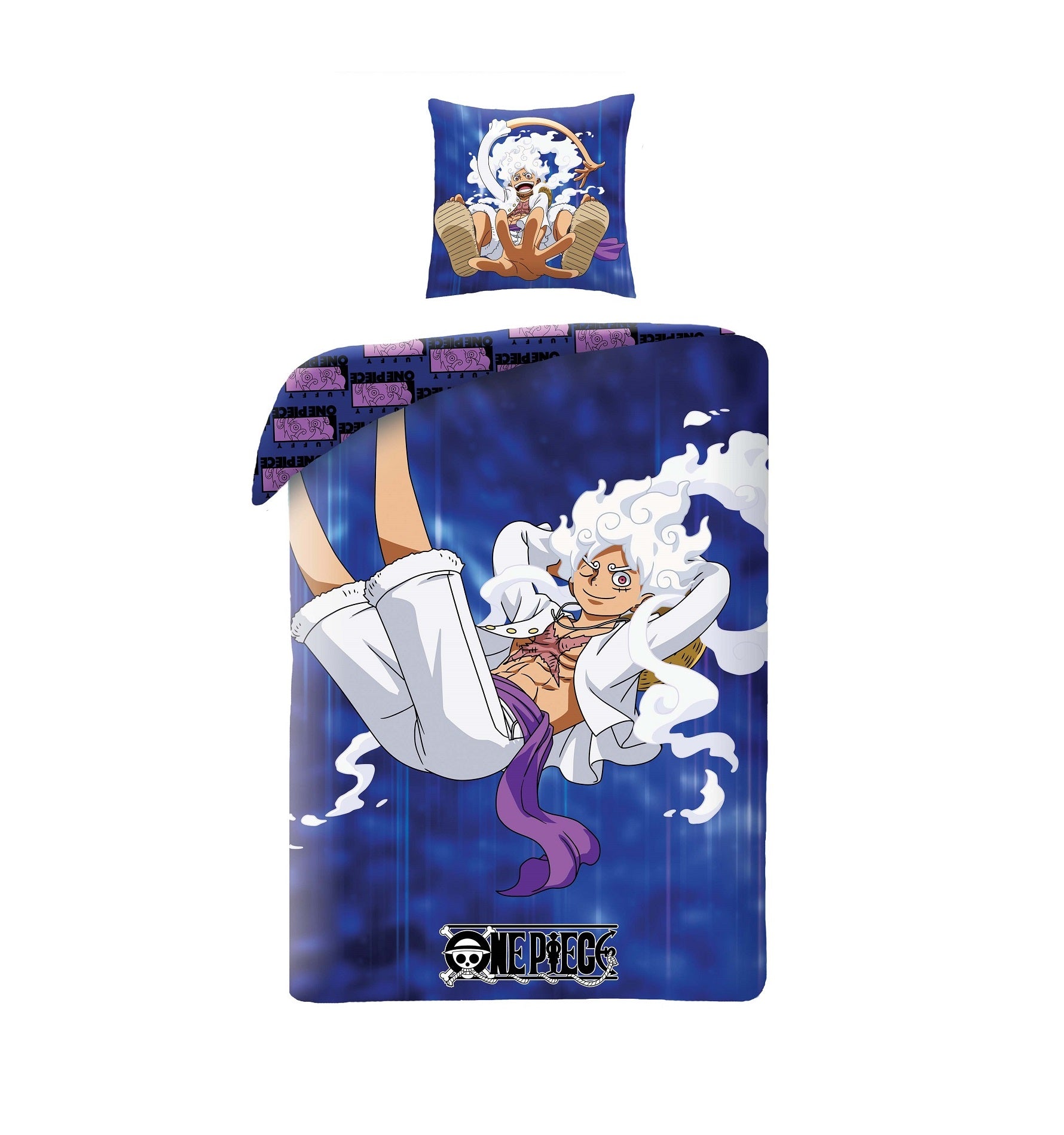 One Piece - Parure de lit en microfibre Luffy Gear 5 (140x200cm + 63x63cm) - flash vidéo