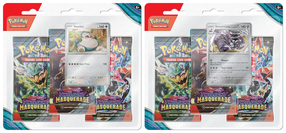 Pokémon TCG - Scarlet & Violet - Twilight Masquerade 3 Booster Blister Pack Revavroom & Snorlax (1 Random Blister) - flash vidéo