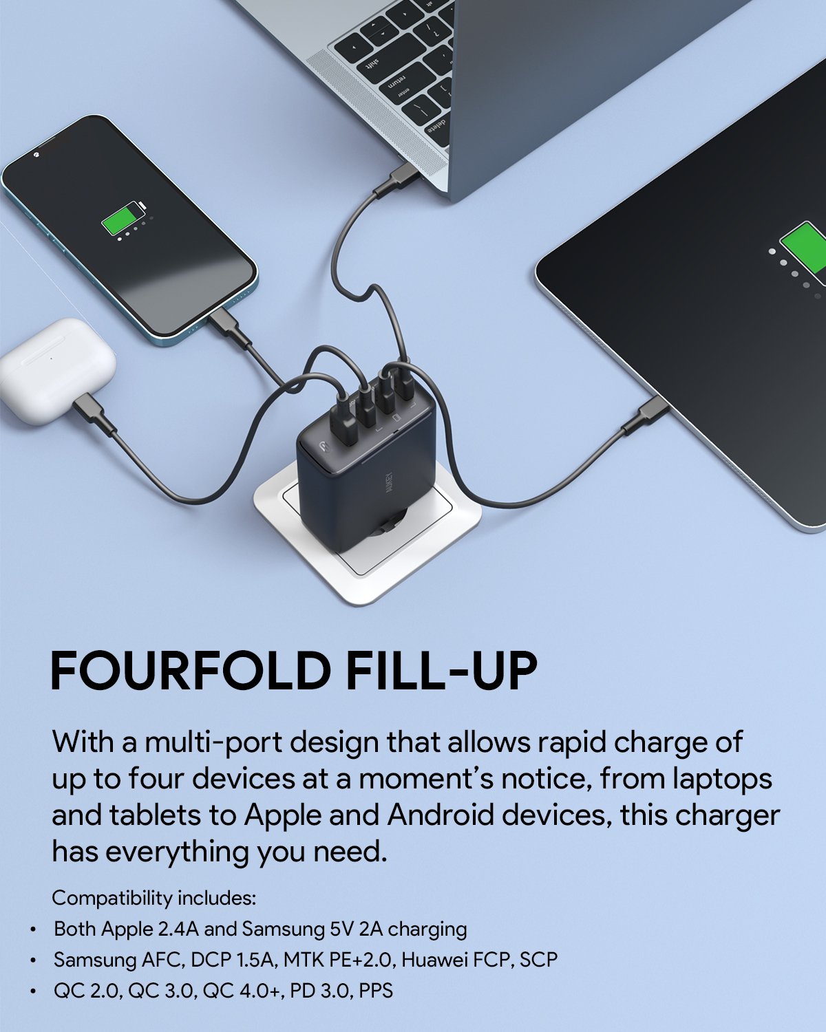 Aukey - Chargeur mural Omnia Mix II 100W PD GaN PA-B6S Bundle 4-Port 3xUSB-C, 1xUSB-A et Cable - flash vidéo